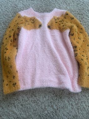 Hanna Andersson Pink Body with Mustard Animal-Print Sleeves Fuzzy Sweater